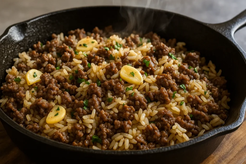 garlic butter ground beef and rice in skillet
