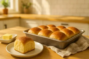 Close-up of golden brown, fluffy homemade sourdough dinner rolls nestled in a baking dish, with one roll torn open to reveal its soft, airy interior, ready to be enjoyed.