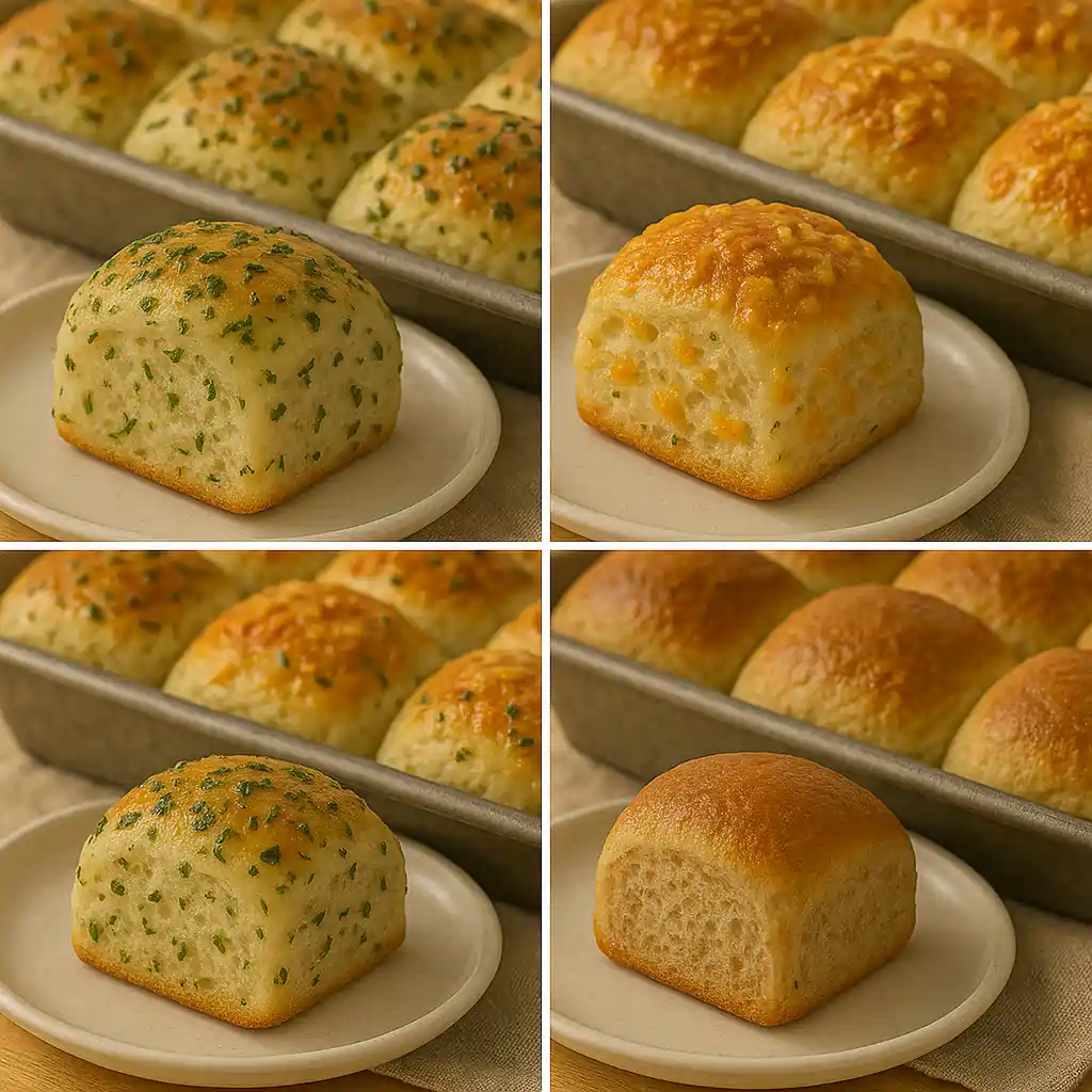Four variations of homemade sourdough dinner rolls including herbed, cheesy, garlic butter-glazed, and whole wheat options on plates in a warm kitchen setting.